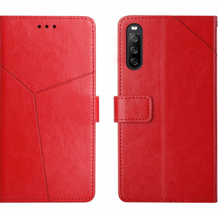 Y-pattern flip leather phone case in red, with camera cutout and card holder