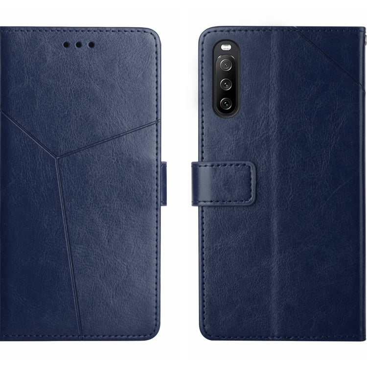 Y-pattern flip leather phone case in blue, with camera cutout and card holder