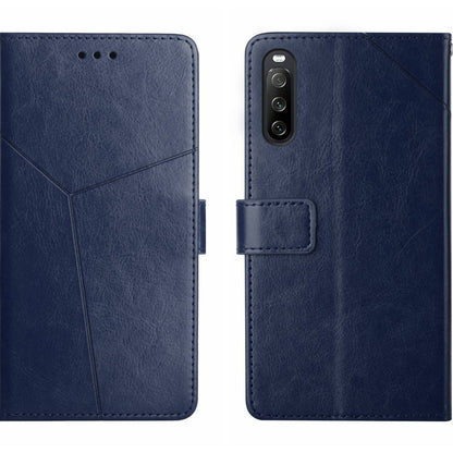 Y-pattern flip leather phone case in blue, with camera cutout and card holder