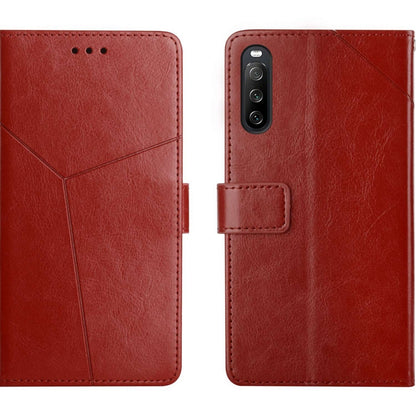 Y-pattern flip leather phone case in red, with camera cutout and card holder