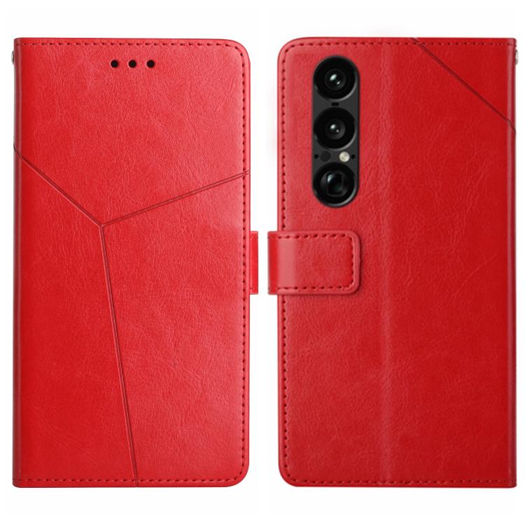 Red Y-pattern flip leather phone case with card holder and camera window.