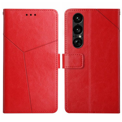 Red Y-pattern flip leather phone case with card holder and camera window.
