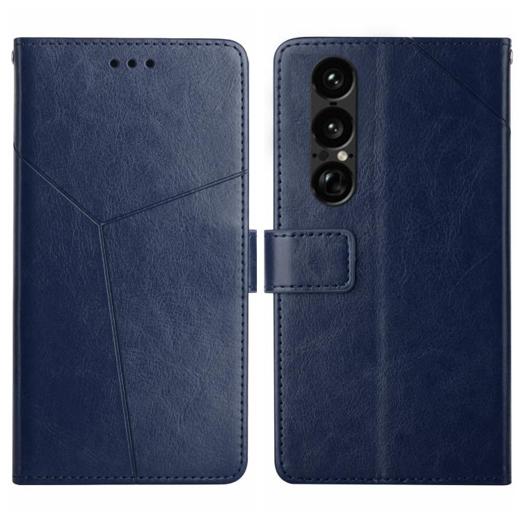 Blue Y-pattern flip leather phone case with card holder and camera cutout.