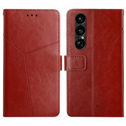 Y-pattern flip leather phone case in red, with camera cutout and card holder