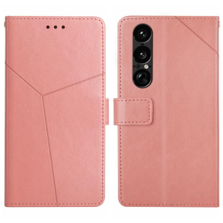 Y-pattern flip leather phone case in pink, with camera cutout and card holder