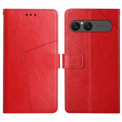Red Y-pattern flip leather phone case with card holder and camera window.