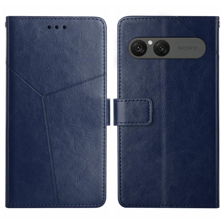 Blue Y-pattern flip leather phone case with card holder and camera cutout.
