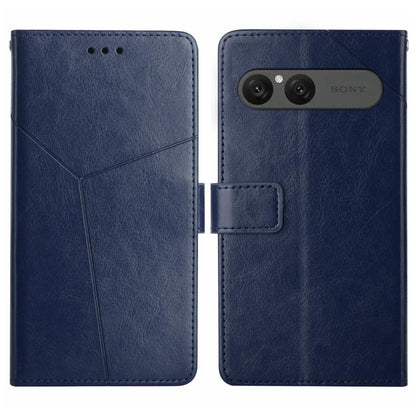 Blue Y-pattern flip leather phone case with card holder and camera cutout.