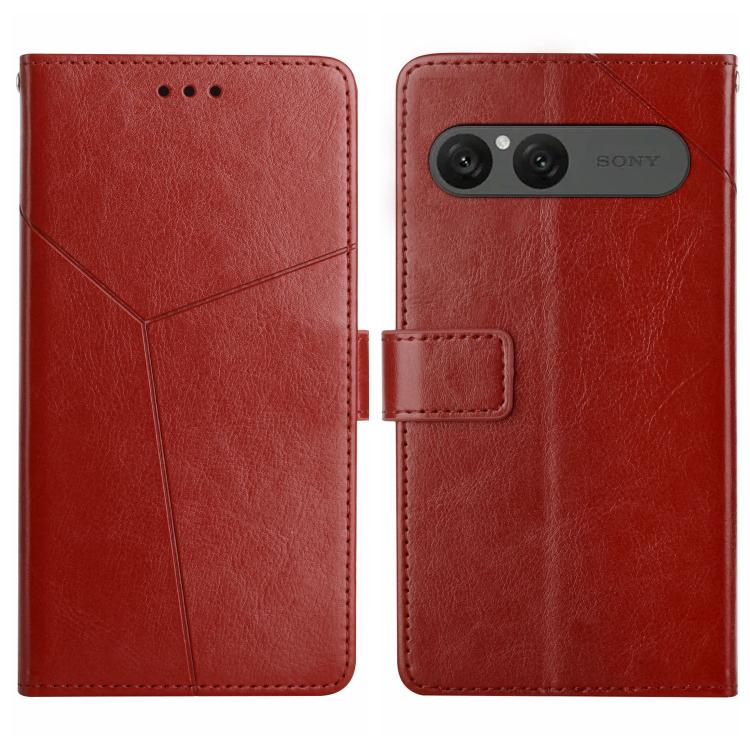 Red Y-pattern flip leather phone case with card holder and camera cutout detail.
