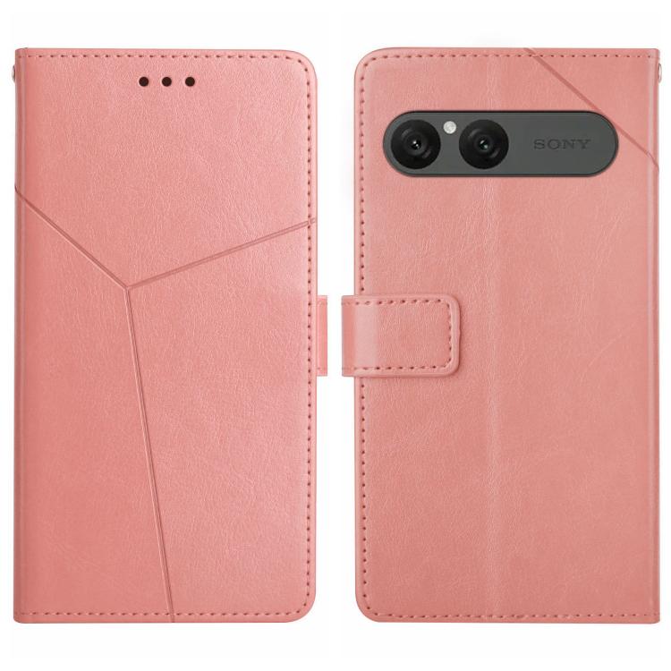 Pink Y-pattern flip leather phone case with card holder and rear camera cutout.
