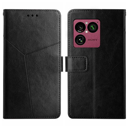 Black Y-pattern flip phone case with camera cutout and front card pocket.