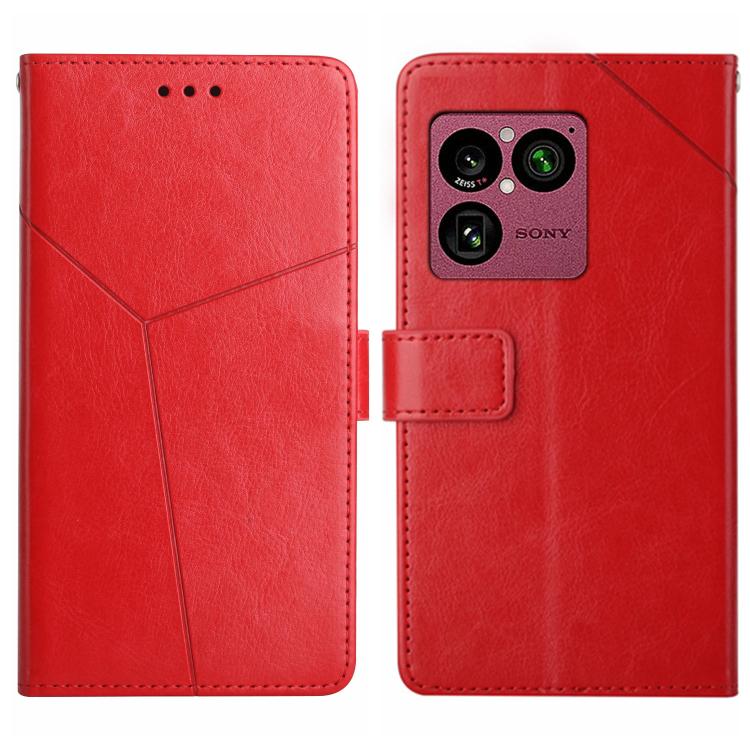 Red Y-pattern flip phone case with camera cutout and front card pocket.