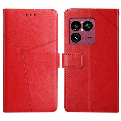 Red Y-pattern flip phone case with camera cutout and front card pocket.
