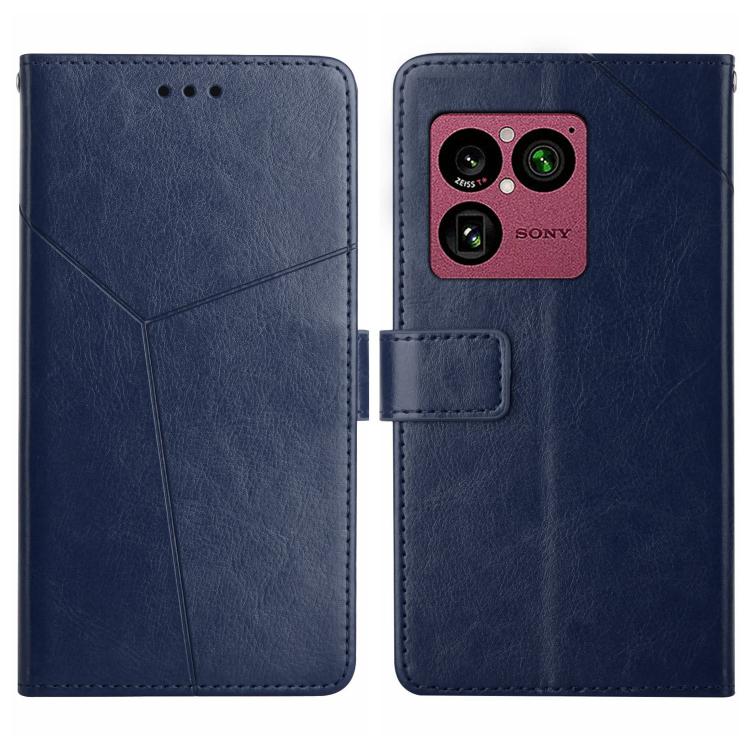 Blue Y-pattern flip phone case with camera cutout and front card pocket.