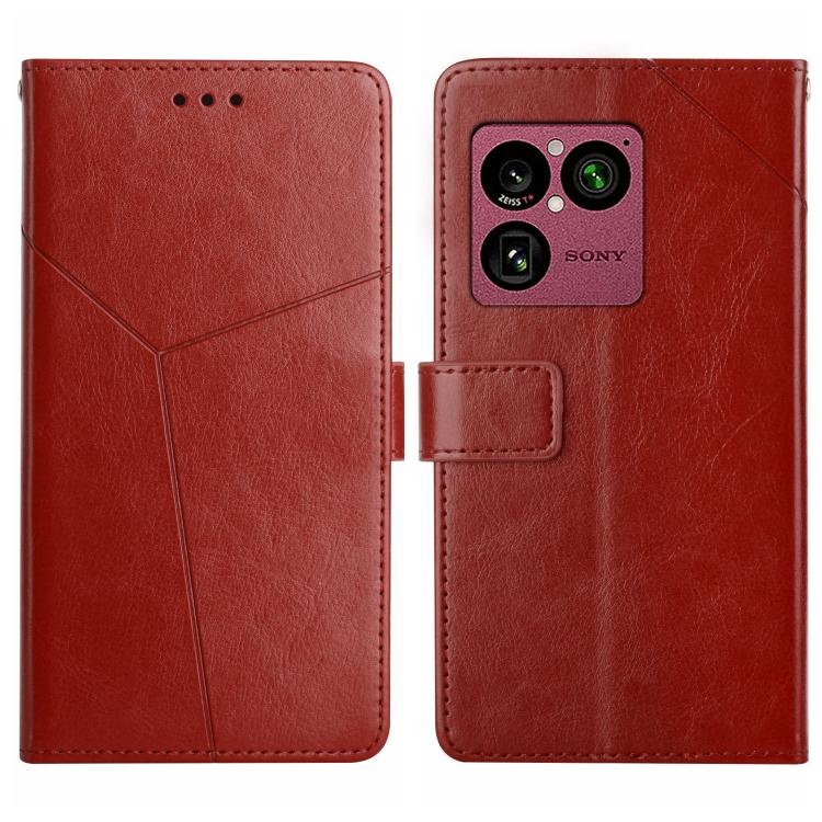 Red Y-pattern flip leather phone case with card holder and camera cutout.