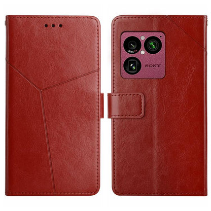 Red Y-pattern flip leather phone case with card holder and camera cutout.