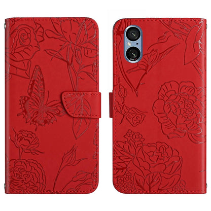 Red butterfly embossed flip leather phone case with folding flap and embossed flowers
