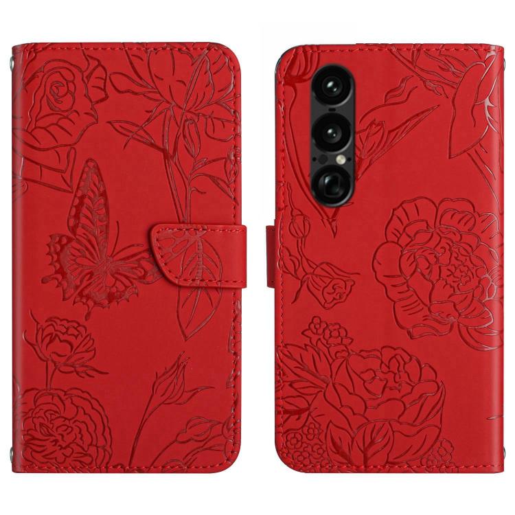 Red flip leather phone case with embossed butterfly-and-flower pattern and camera cutout