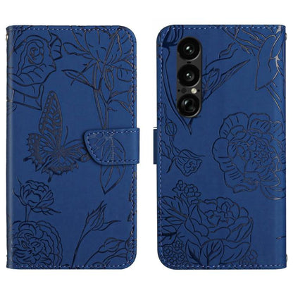 Blue flip leather phone case with embossed butterfly-and-flower pattern and camera cutout