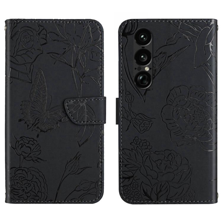 Black butterfly embossed flip leather phone case with folding flap and floral pattern