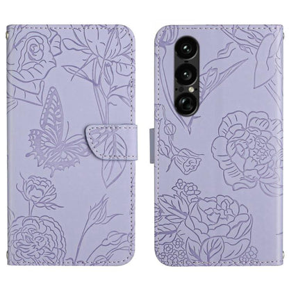 Lilac butterfly embossed flip leather phone case with folding flap and floral pattern