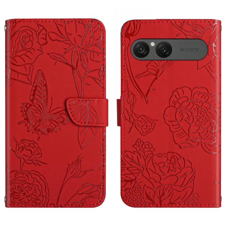 Red butterfly embossed flip leather phone case with card slot and embossed floral design