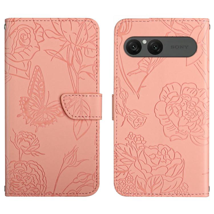 Pink butterfly embossed flip leather phone case with card slot and embossed floral pattern