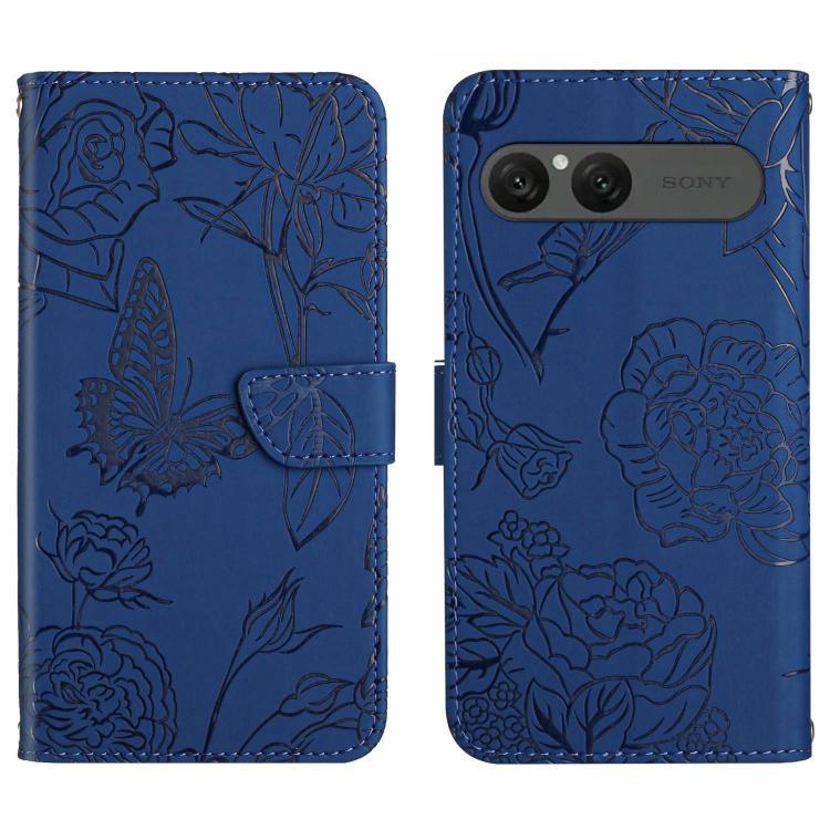 Blue butterfly embossed flip leather phone case with card slot and embossed botanical design