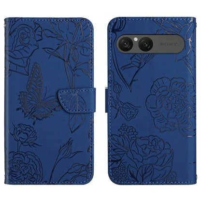 Blue butterfly embossed flip leather phone case with card slot and embossed botanical design