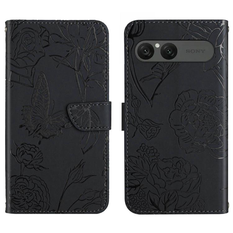 Black flip leather phone case with embossed butterfly-and-flower pattern and camera cutout