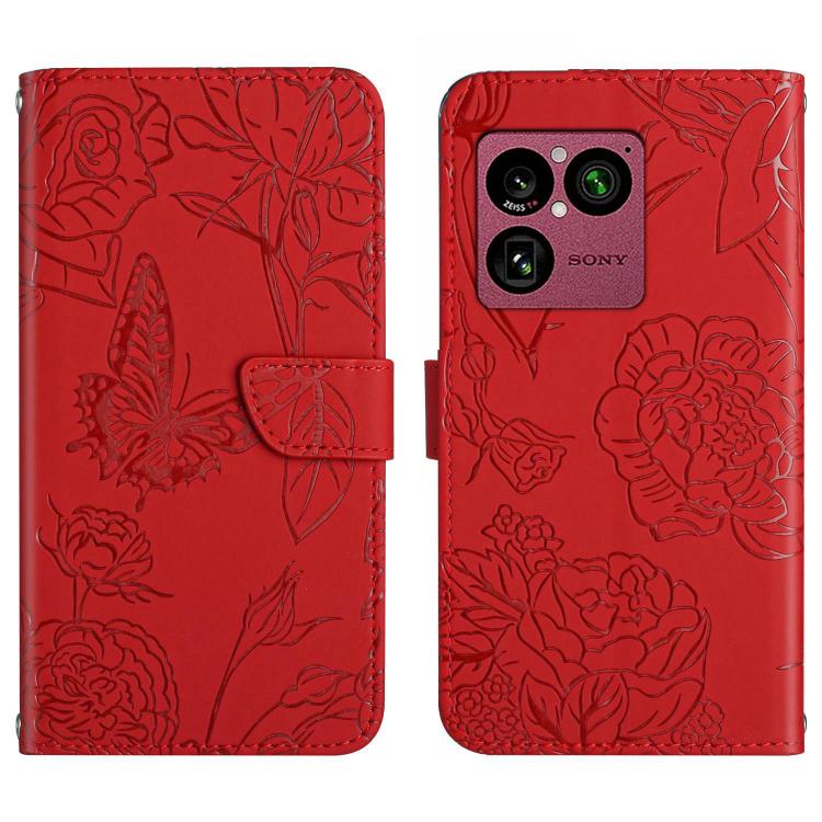 Red butterfly-embossed leather flip phone case with magnetic strap and card holder