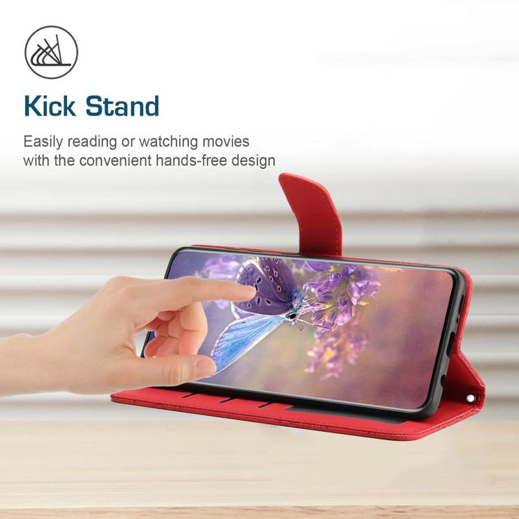 Red butterfly-embossed leather flip phone case with kickstand holding a phone