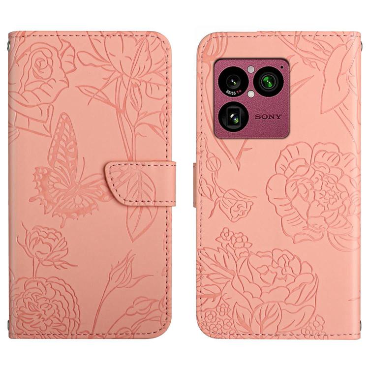 Pink butterfly-embossed leather flip phone case with camera cutout and magnetic strap