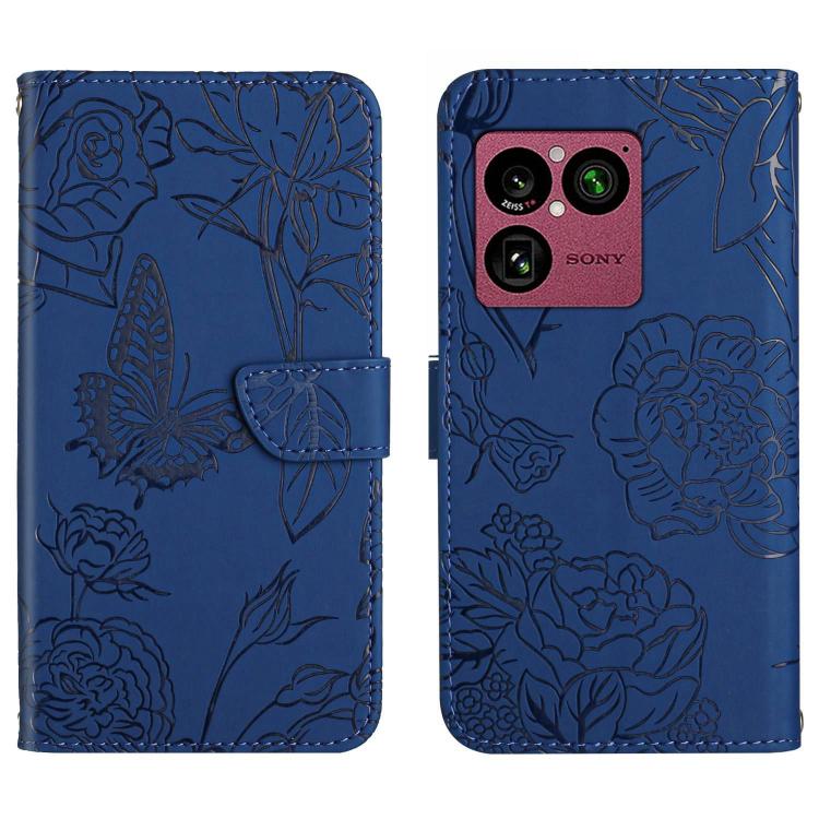 Blue butterfly-embossed leather flip phone case with camera cutout, front and back