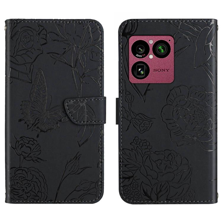 Black butterfly embossed flip leather phone case with card slot and stitched edge