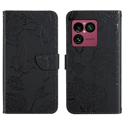 Black butterfly embossed flip leather phone case with card slot and stitched edge