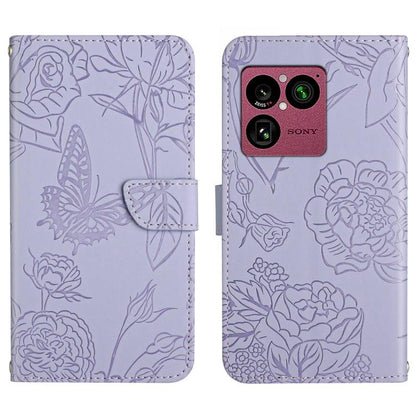 Purple butterfly embossed flip leather phone case with card slot and floral pattern