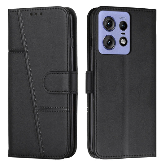 Black leather folio phone case with buckle strap and stitched panel design.