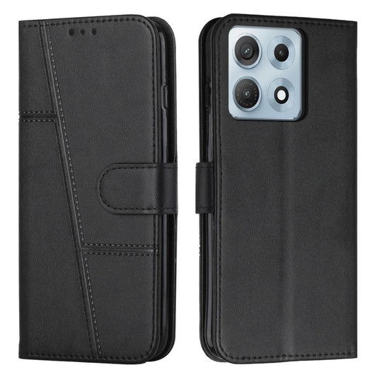 Black leather phone case with stitched texture and magnetic buckle strap, wallet-style