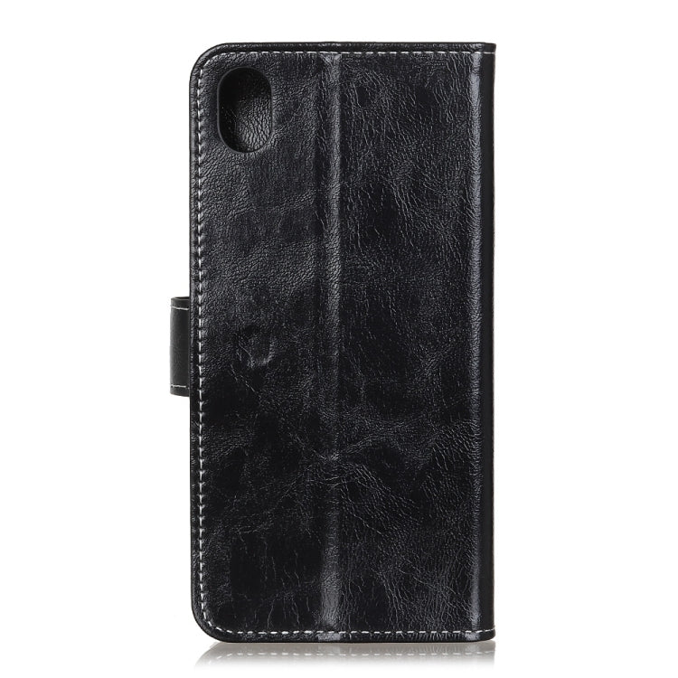 Black leather flip phone case with camera cutout and stitched edges