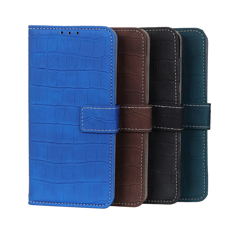 Crocodile-texture flip leather case with card slots, shown in blue, brown, black, teal