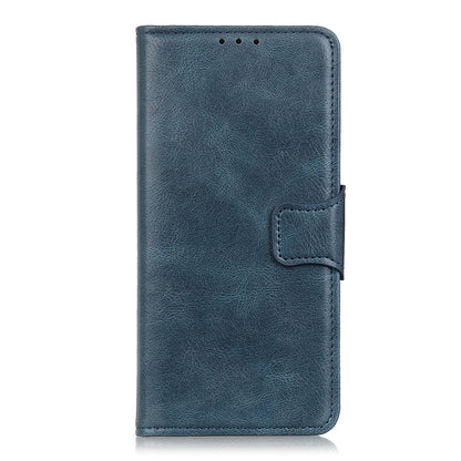 Blue crazy horse texture flip leather phone case with front flap and stitched edges
