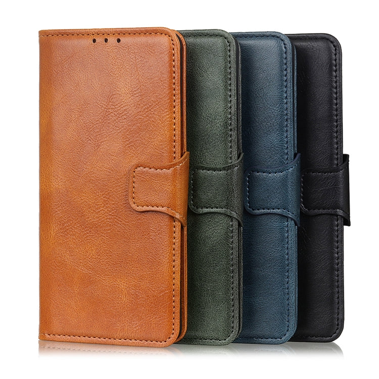Brown leather flip phone wallet case with side card slot and fold-over cover