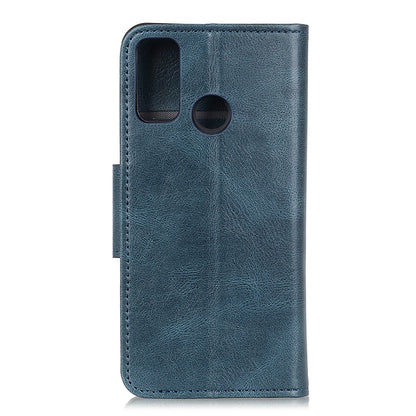 Blue leather flip phone case back with cutout for camera and speaker