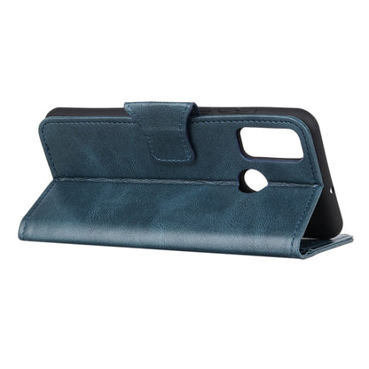 Blue leather flip phone case with horizontal holder and opening for ports