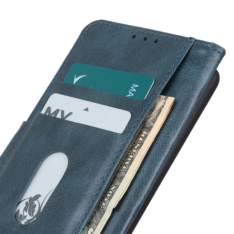 Close-up of blue crazy horse texture flip case card slot with ID window