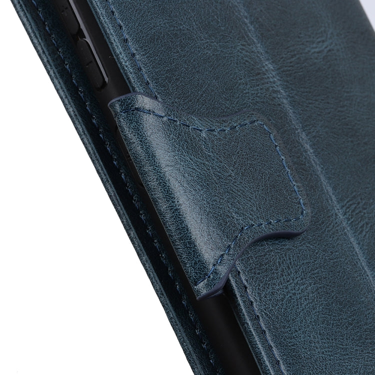 Close-up of blue leather flip case interior pocket and stitched panel