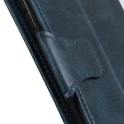 Close-up of blue leather flip case interior pocket and stitched panel