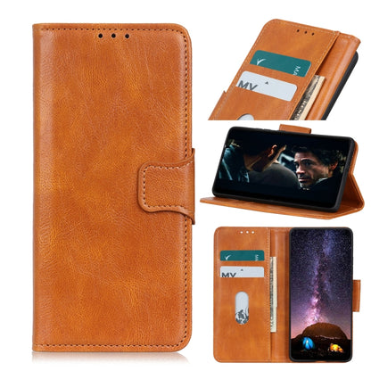 Tan leather flip phone wallet case with card slots and fold-over magnetic cover