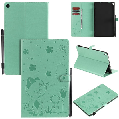 Green cat-embossed flip tablet case with card slots, pen holder, and sleep/wake cover
